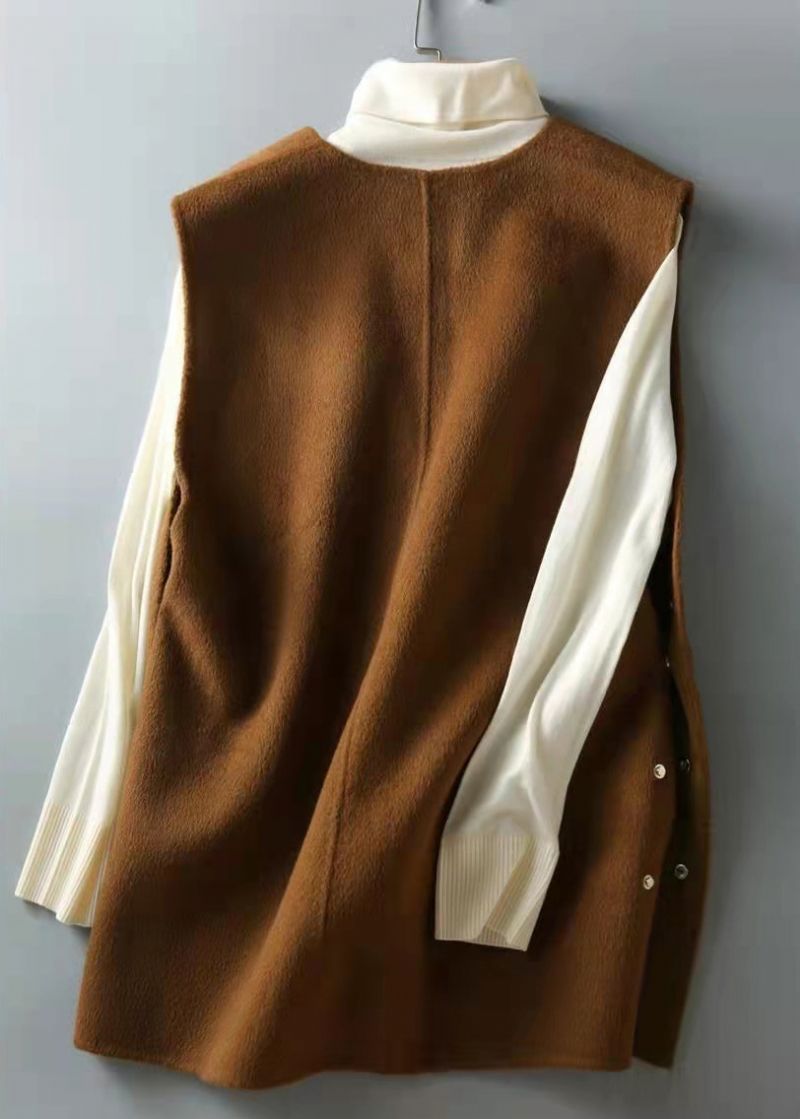 Elegant Bruin Chocolade Zij Open Knoop V-hals Wollen Vest Zonder Mouwen - Dames wollen jassen