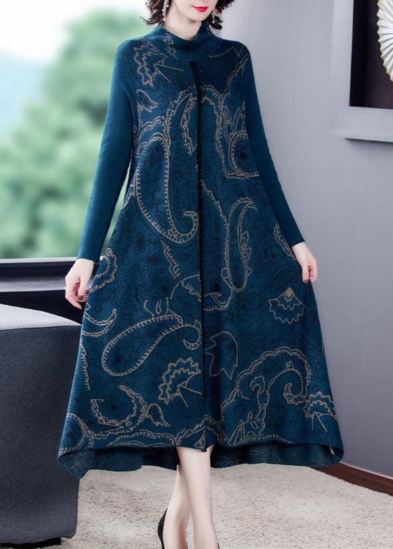 Elegante Blauwe Opstaande Kraag Print Extra Grote Zoom Wollen Gebreide Trui Jurk Winter - Dames wollen jassen