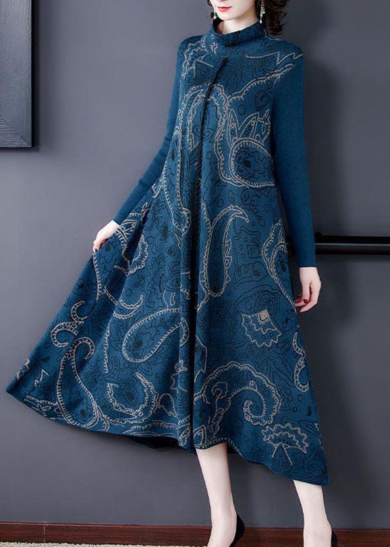 Elegante Blauwe Opstaande Kraag Print Extra Grote Zoom Wollen Gebreide Trui Jurk Winter - Dames wollen jassen