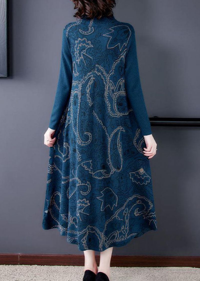 Elegante Blauwe Opstaande Kraag Print Extra Grote Zoom Wollen Gebreide Trui Jurk Winter - Dames wollen jassen