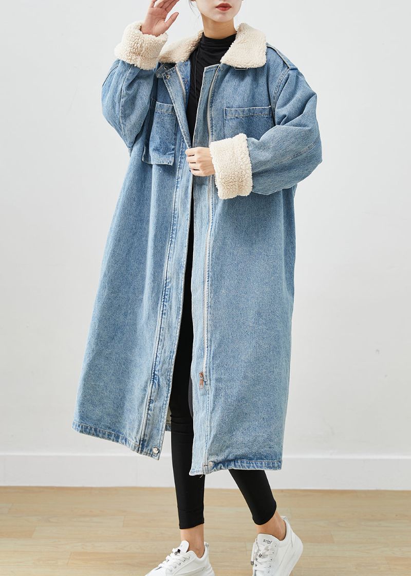 Elegante Blauwe Oversized Zakken Fleece Wol Gevoerde Denim Trenchcoat Herfst