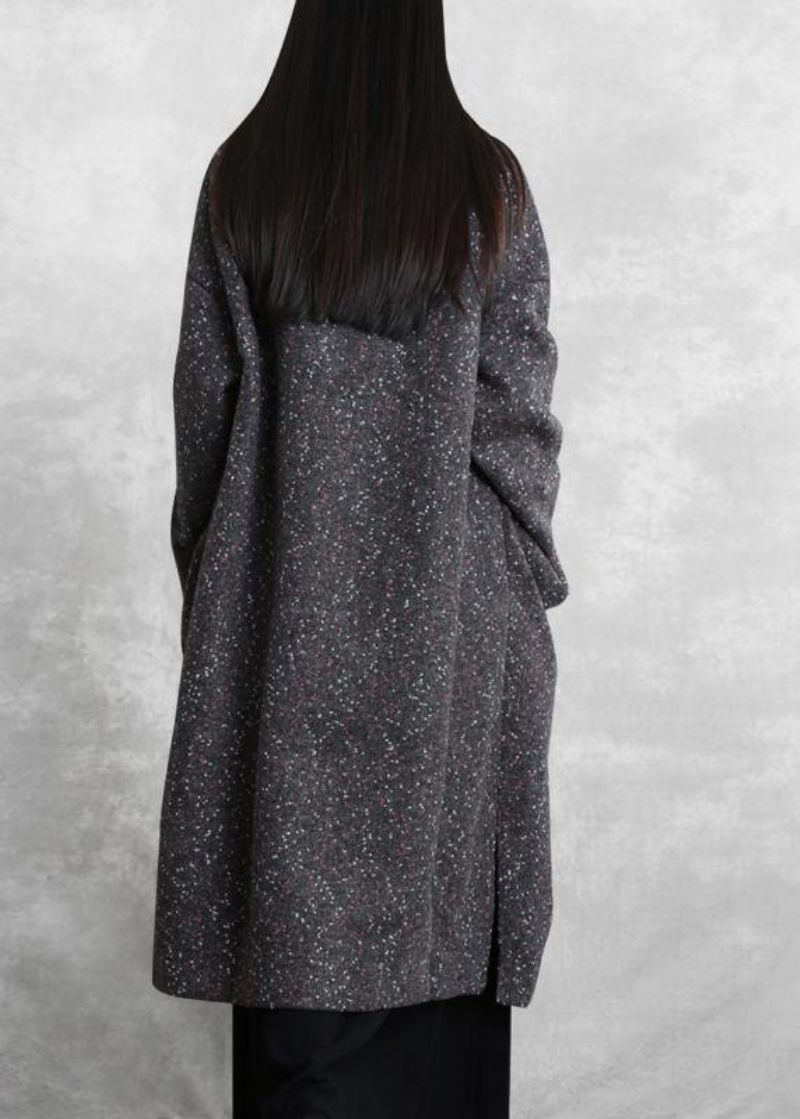 Elegante Grijze Wollen Uitloper Oversized Winterjas Met Open Zijkant - Dames wollen jassen