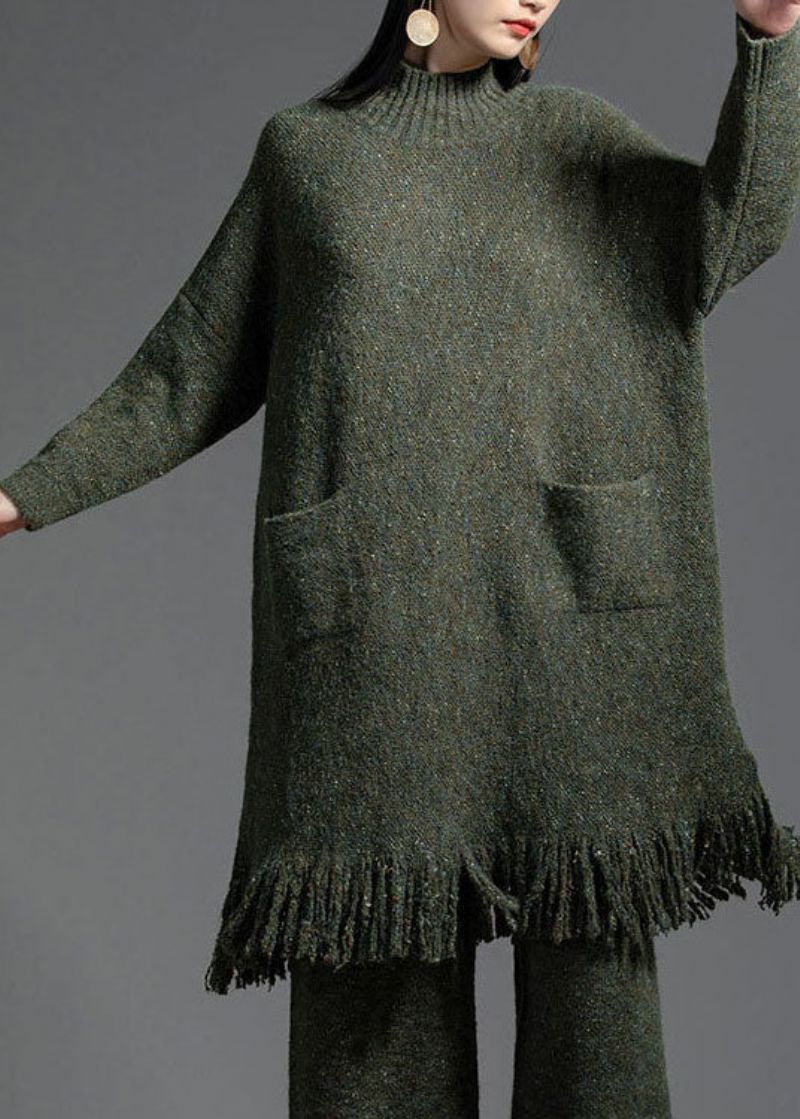 Elegante Groene Patchwork Wollen Gebreide Jurk Met Kwastjes Winter - Dames wollen jassen