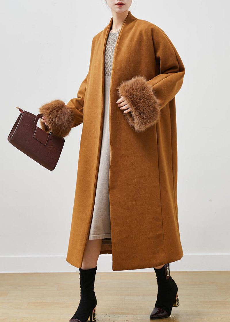 Elegante Kaki Oversized Wollen Trenchcoat Met V-hals En Lente