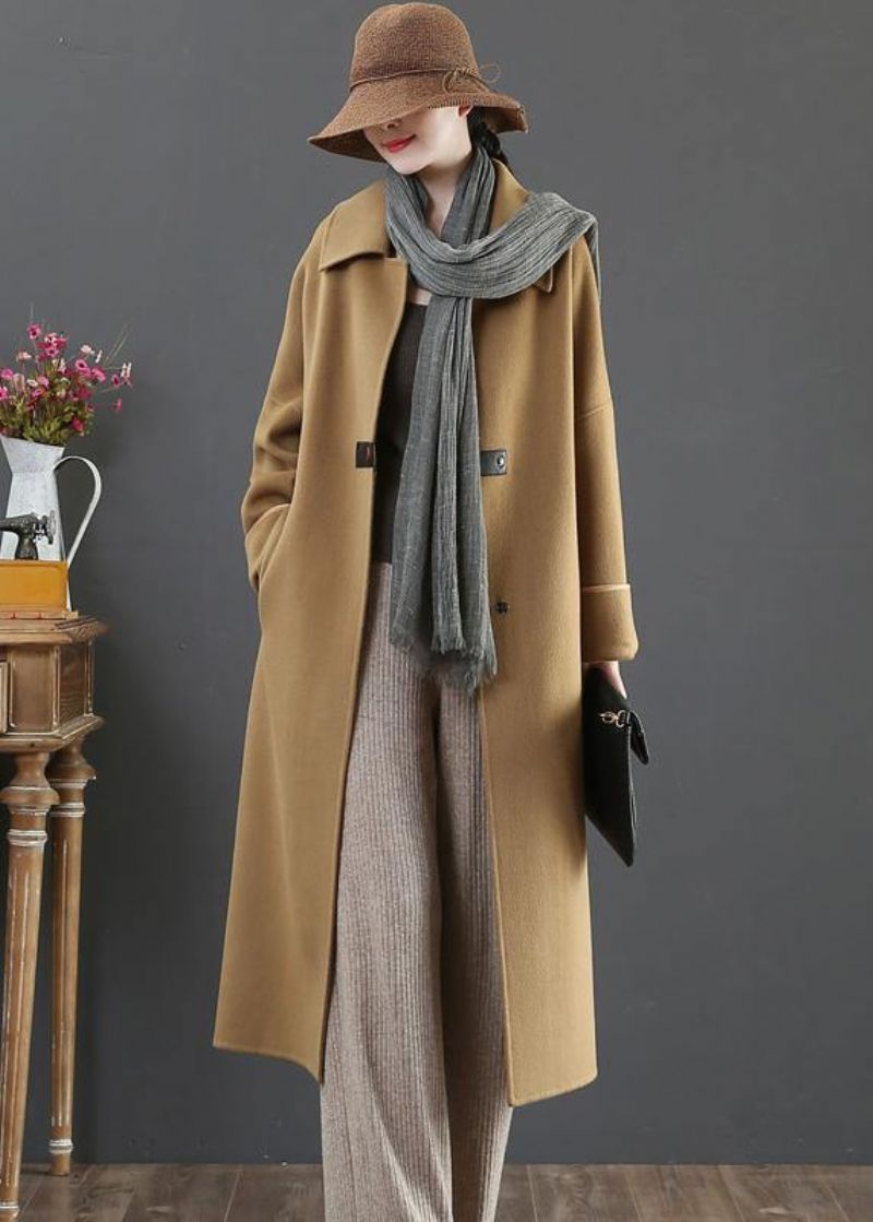 Elegante Oversized Jassen Winterwollen Uitloper Bruine Wollen Jas Met Reverszakken Voor Dames - Bruin