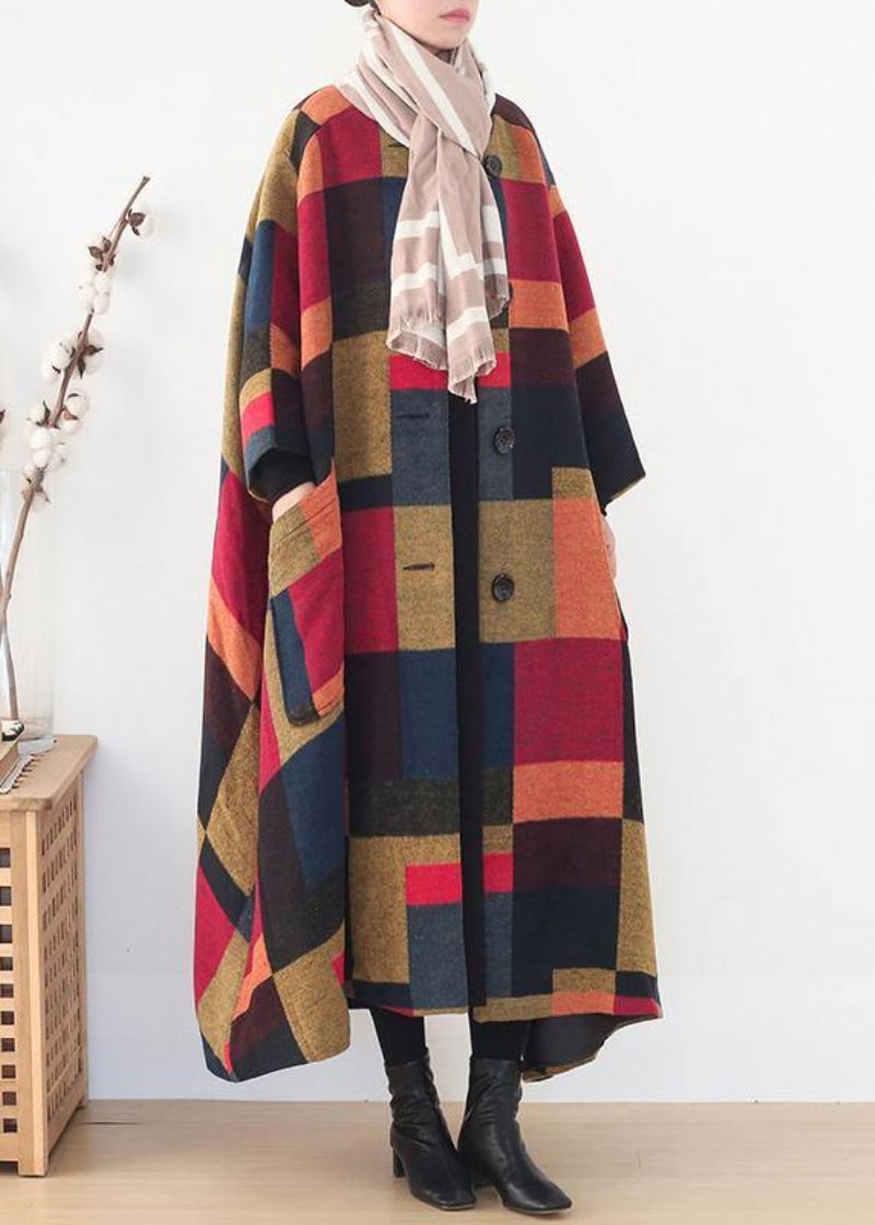 Elegante Oversized Lange Jassen Wilde Uitloper Geel Geruite Winterwollen Overjas - Rood