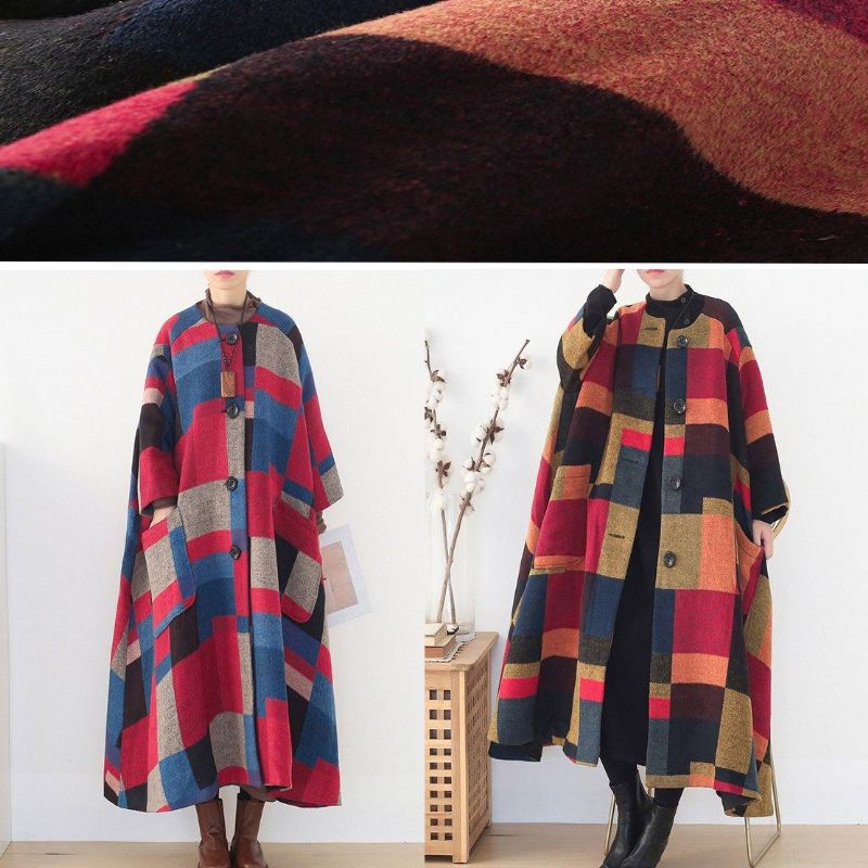 Elegante Oversized Lange Jassen Wilde Uitloper Geel Geruite Winterwollen Overjas - Rood