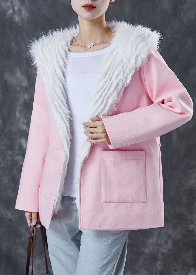 Elegante Roze Capuchonzakken Fuzzy Fox Gevoerde Wollen Jas Winter