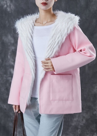 Elegante Roze Capuchonzakken Fuzzy Fox Gevoerde Wollen Jas Winter