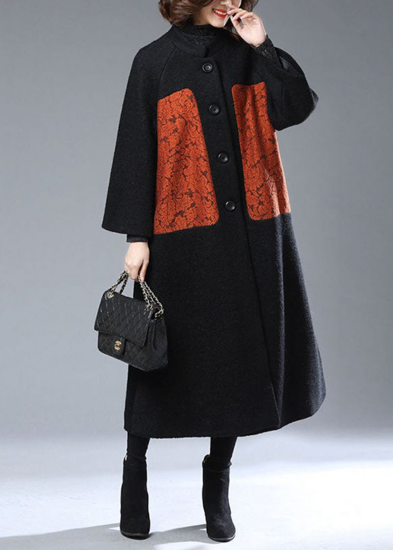 Elegante Zwarte Opstaande Kraag Oversized Wollen Jassen Met Print Winter