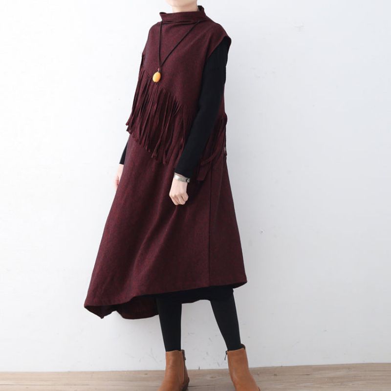 Fijne Bordeauxrode Lange Wollen Trendy Grote Maten Herfstjurken Met Kwastjes Elegante Winterjurk Met Asymmetrische Zoom - Bordeaux