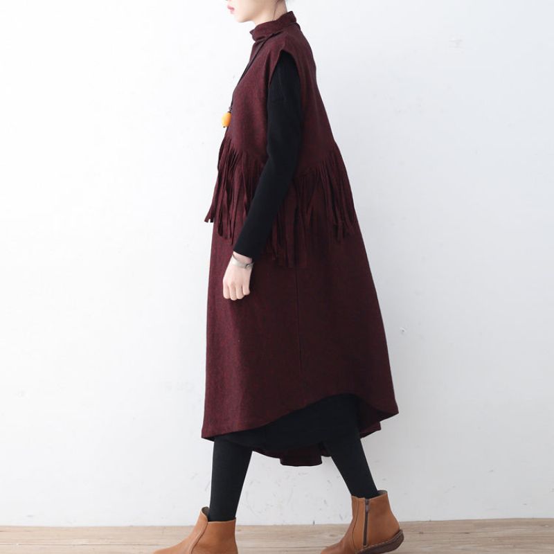 Fijne Bordeauxrode Lange Wollen Trendy Grote Maten Herfstjurken Met Kwastjes Elegante Winterjurk Met Asymmetrische Zoom - Bordeaux