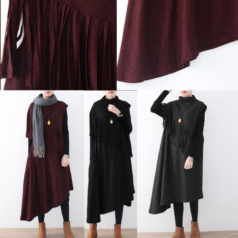 Fijne Bordeauxrode Lange Wollen Trendy Grote Maten Herfstjurken Met Kwastjes Elegante Winterjurk Met Asymmetrische Zoom - Bordeaux