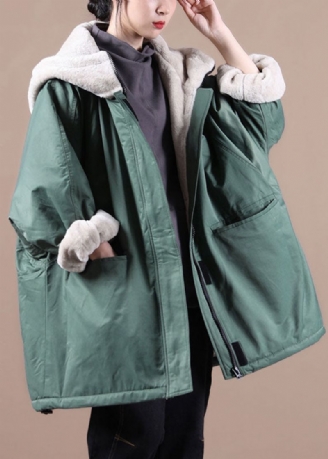 Fijne Groene Zakken Met Rits En Patchwork Fleece Met Wol Gevoerde Parka-jas Winter