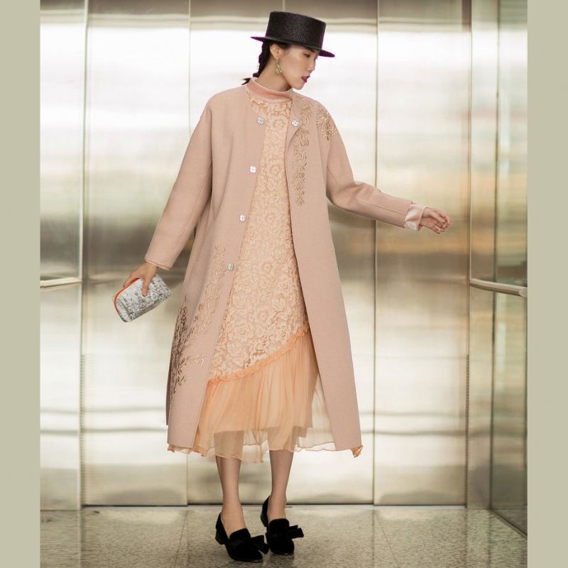 Fijne Nude Roze Wollen Jassen Dames Oversized Met Lange Mouwen Halflange En Borduurjassen