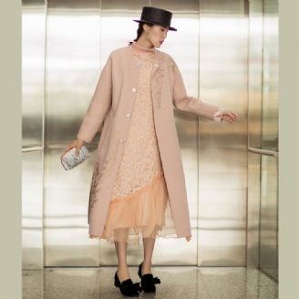 Fijne Nude Roze Wollen Jassen Dames Oversized Met Lange Mouwen Halflange En Borduurjassen