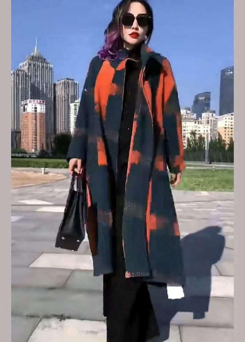 Fijne Oranje Print Wollen Losse Cirkel Wintertrenchcoats