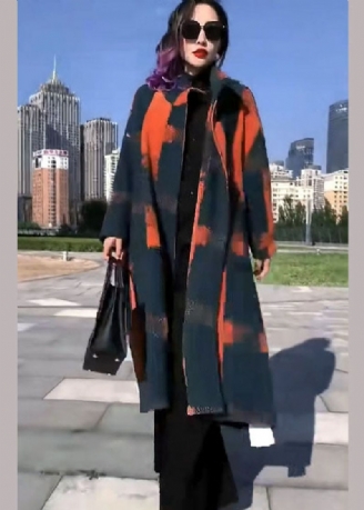 Fijne Oranje Print Wollen Losse Cirkel Wintertrenchcoats