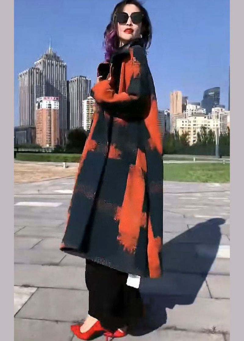 Fijne Oranje Print Wollen Losse Cirkel Wintertrenchcoats - Dames wollen jassen