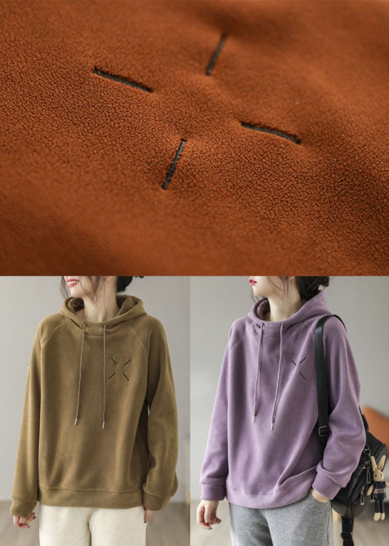 Frans Paars Geborduurd Fleece-sweatshirt Met Capuchon En Wollen Voering Lente - Dames wollen jassen