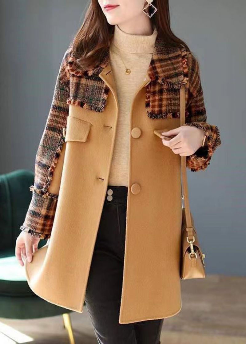 Franse Camel Plaid Button Patchwork Wollen Jas Winter