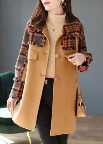 Franse Camel Plaid Button Patchwork Wollen Jas Winter