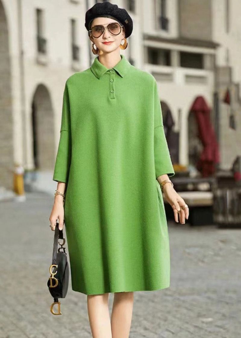 Franse Groene Peter Pan Kraag Patchwork Wollen Maxi-jurk Met Lange Mouwen - Dames wollen jassen