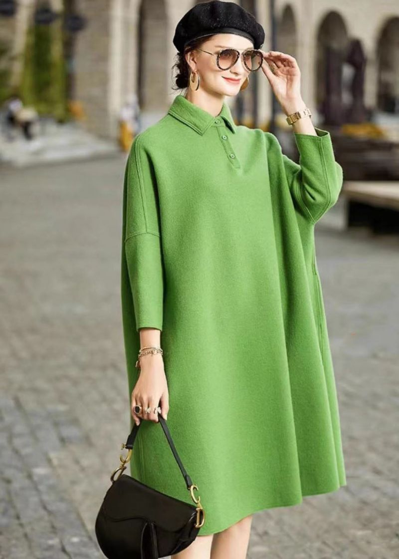 Franse Groene Peter Pan Kraag Patchwork Wollen Maxi-jurk Met Lange Mouwen - Dames wollen jassen