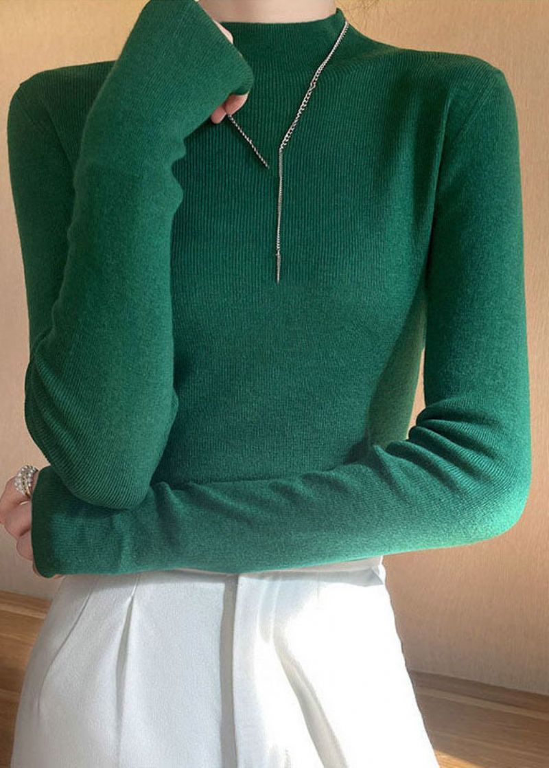 Franse Groene Slim-fit Wollen Gebreide Truien Met Hoge Hals Lente - Dames wollen jassen