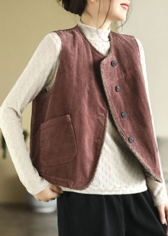 Getailleerde Moerbeiboom O-hals Fuzzy Wol Gevoerd Dik Corduroy Vest Tops Winter