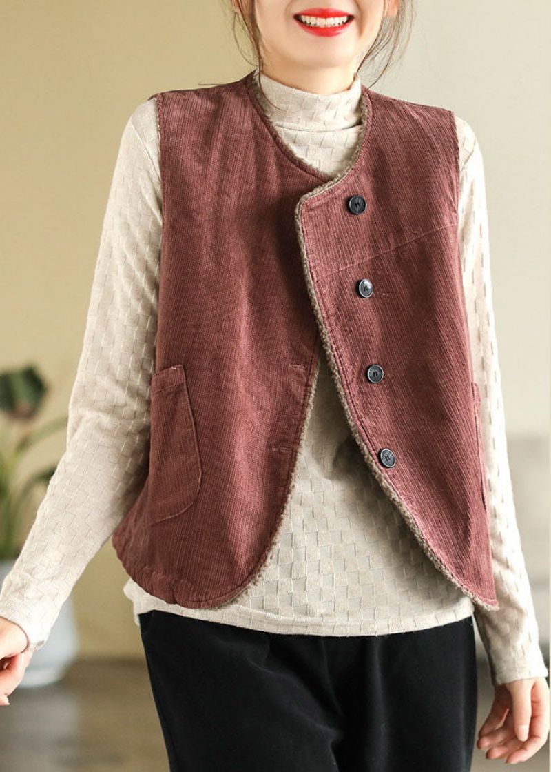 Getailleerde Moerbeiboom O-hals Fuzzy Wol Gevoerd Dik Corduroy Vest Tops Winter - Moerbei