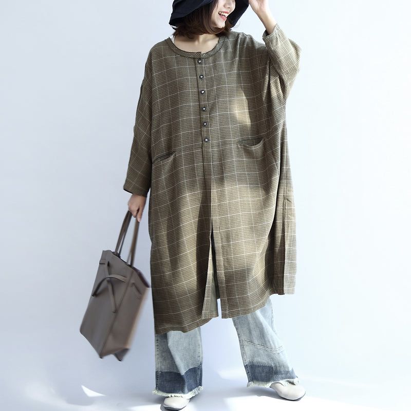 Groene Geruite Oversized Jurken Grote Maten Wollen Lange Overhemden Kaftans