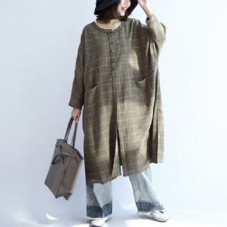 Groene Geruite Oversized Jurken Grote Maten Wollen Lange Overhemden Kaftans