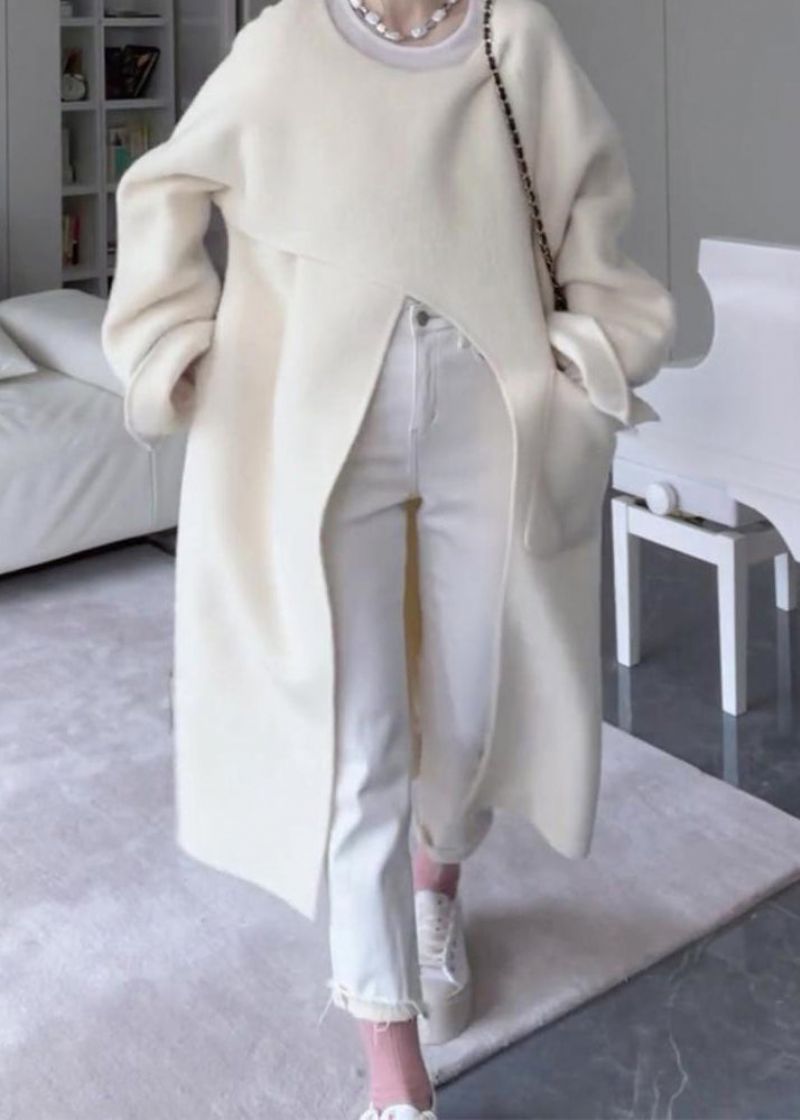 Italiaans Beige Asymmetrische Zakken Open Zijkant Oversized Wollen Jas Lente