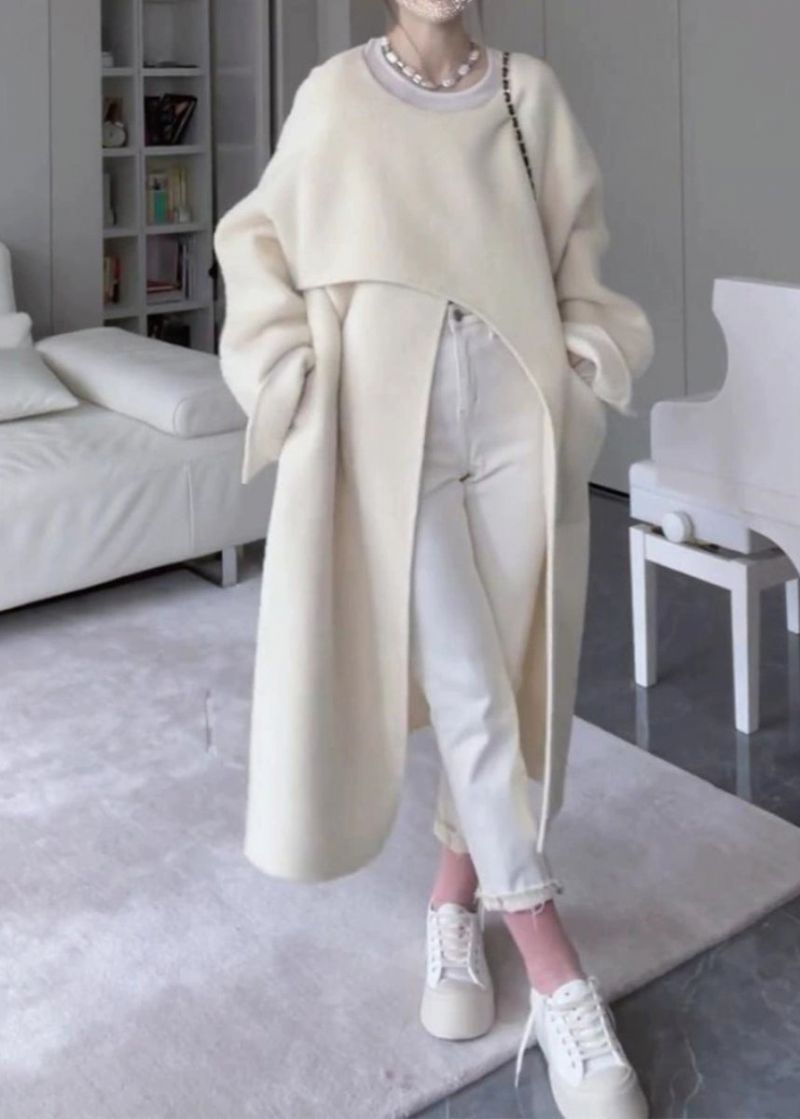 Italiaans Beige Asymmetrische Zakken Open Zijkant Oversized Wollen Jas Lente - Dames wollen jassen