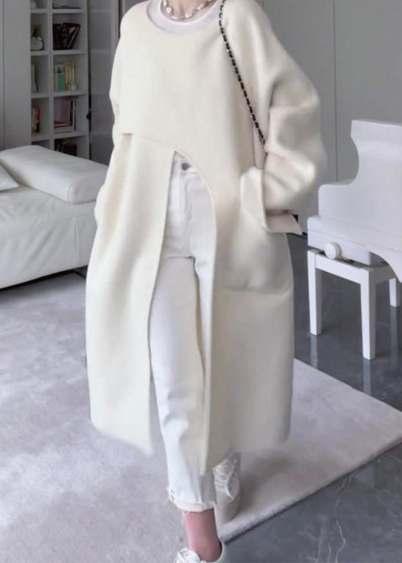 Italiaans Beige Asymmetrische Zakken Open Zijkant Oversized Wollen Jas Lente - Dames wollen jassen