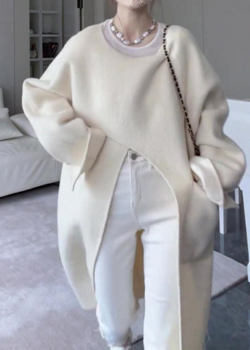 Italiaans Beige Asymmetrische Zakken Open Zijkant Oversized Wollen Jas Lente - Dames wollen jassen