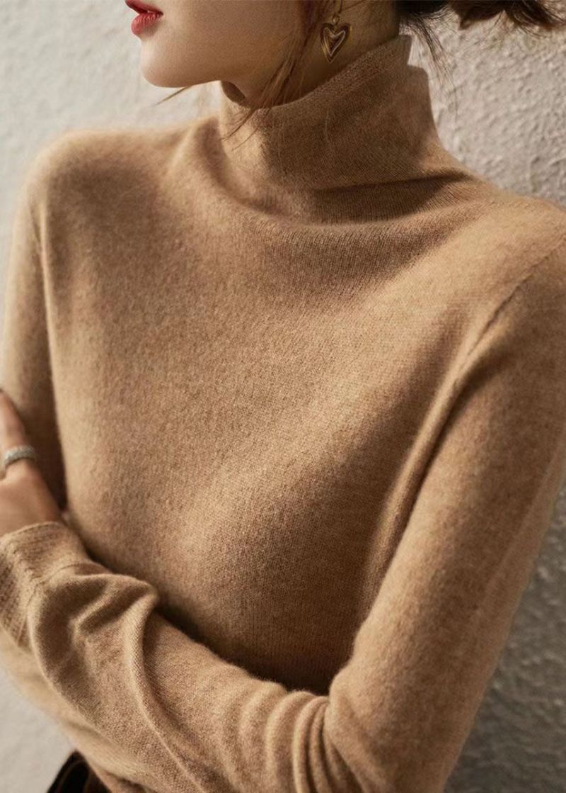 Italiaanse Camel Hign Neck Wol Gebreide Truien Tops Herfst