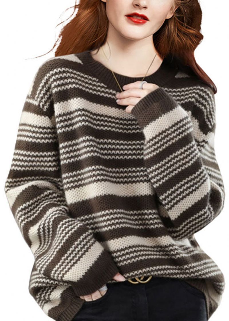 Italiaanse Chocolade O-hals Dikke Oversized Gestreepte Wollen Gebreide Truien Winter - Dames wollen jassen