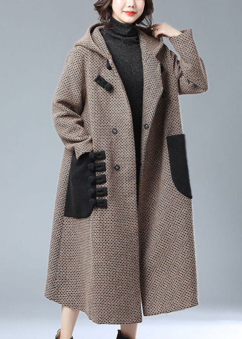 Kaki Oosterse Wollen Trenchcoat Oversized Zakken Met Capuchon Winter