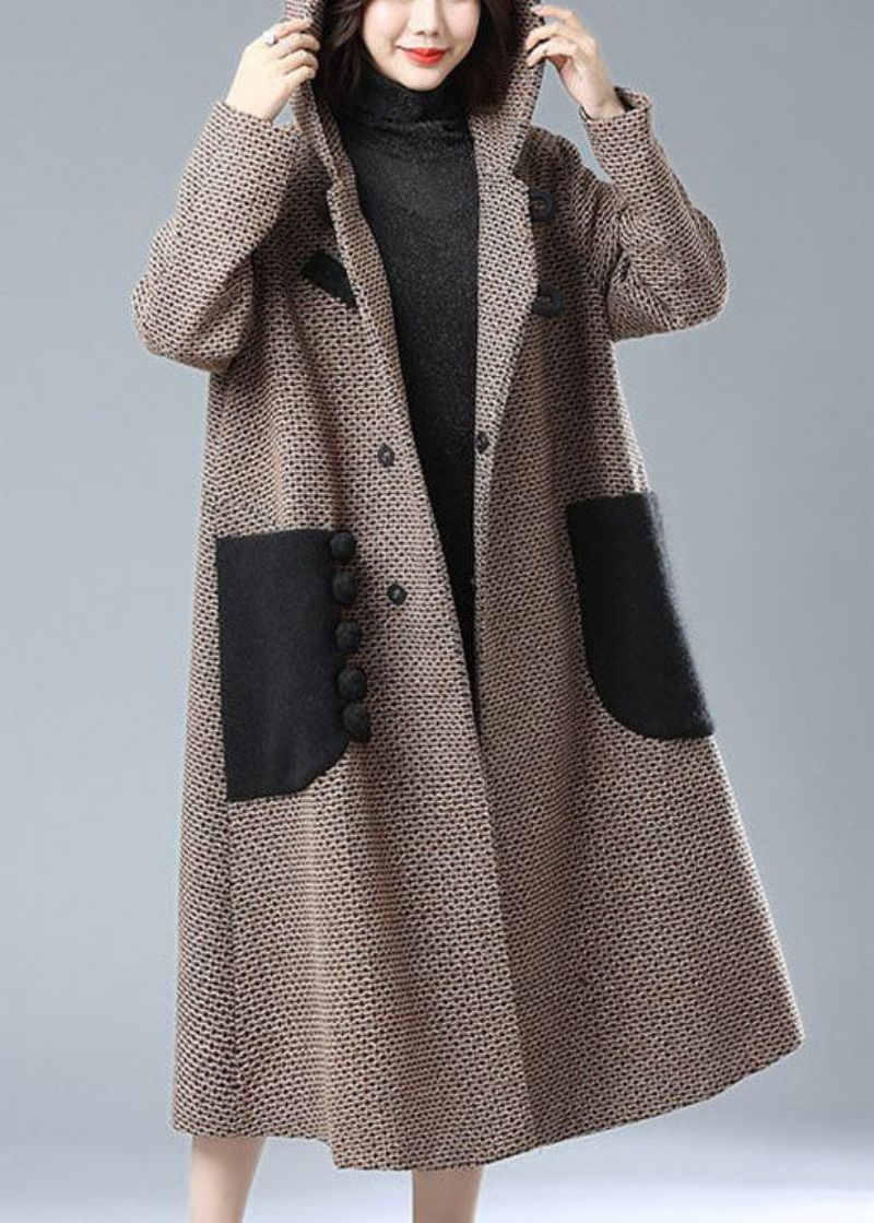 Kaki Oosterse Wollen Trenchcoat Oversized Zakken Met Capuchon Winter - Kaki