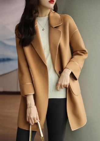 Licht Camelkleurige Wollen Trenchcoats Met Revers Oversized Herfst