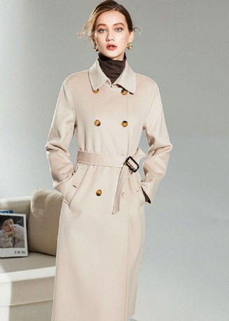 Lichtroze Wollen Trenchcoat Met Dubbele Rij Knopen Winter