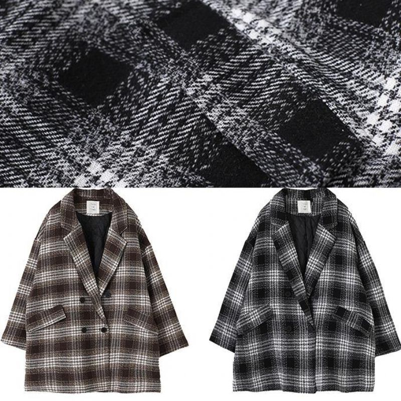 Losse Chocoladekleurige Plaid Fijne Trenchcoat Kasten Wollen Jassen Met Dubbele Rij Knopen - Zwart