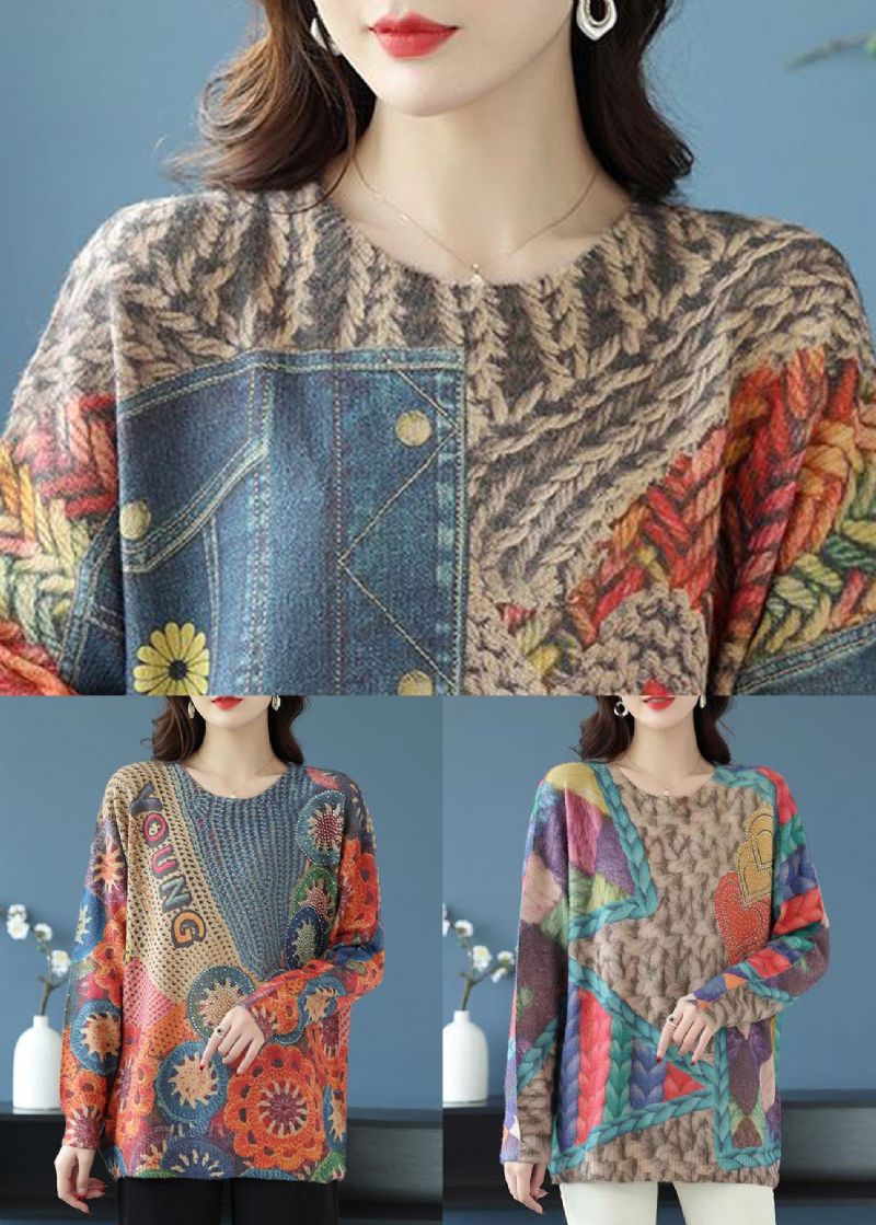 Losse Regenboog O-hals Print Patchwork Wollen Gebreide Tops Lente - Dames wollen jassen