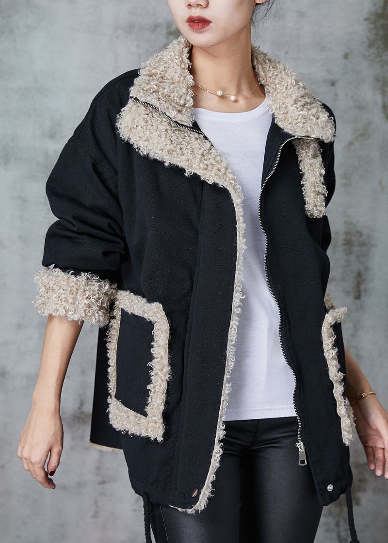 Losse Zwarte Oversized Patchwork Fleece Wol Gevoerde Jas Winter