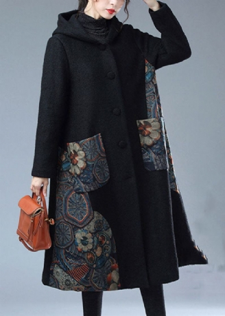 Losse Zwarte Zakken Met Capuchon Print Warm Nertsenhaar Wollen Trenchcoat Winter