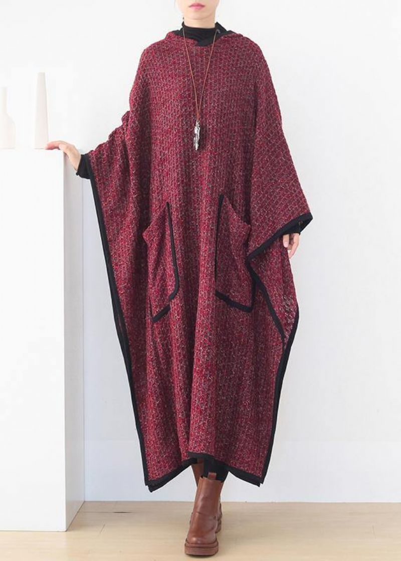 Luxe Bordeauxrode Wollen Uitloper Oversized Lange Met Capuchon En Grote Zoom - Bordeaux