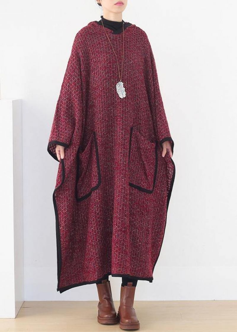 Luxe Bordeauxrode Wollen Uitloper Oversized Lange Met Capuchon En Grote Zoom - Bordeaux