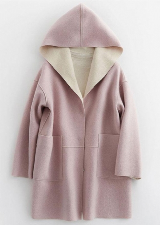 Luxe Oversized Winterjas Met Capuchon Wollen Uitloper Roze Jas Met Zakken